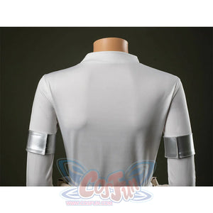 Close-up Padmé cosplay costume in white
