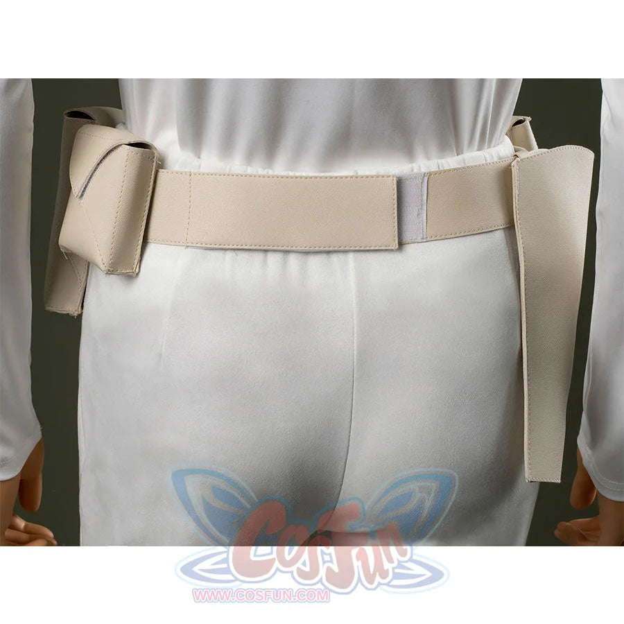 Close-up Padmé cosplay costume in white