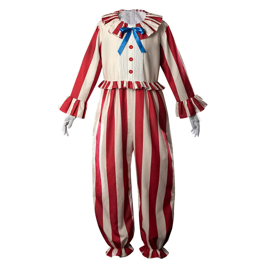 The costume are brightly colored, mainly red and beige striped jumpsuits with ruffles on the collar, cuffs, hem, and trouser legs, a blue bow on the chest, and red buttons.