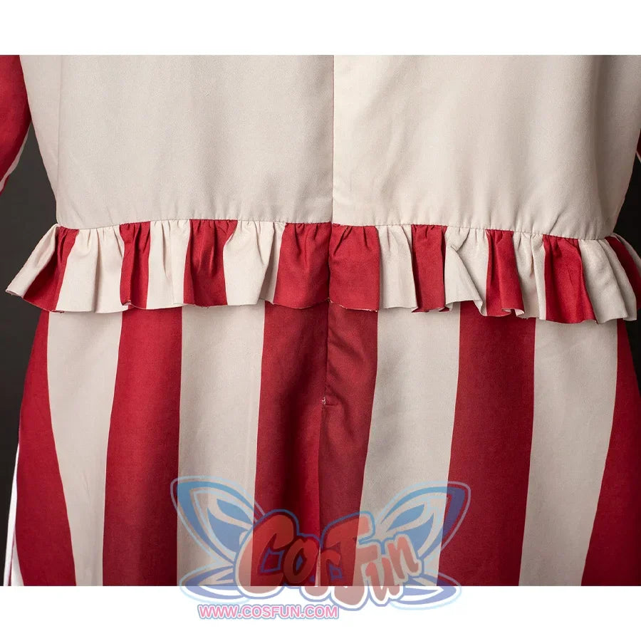 The back waist view about flando cosplay costume, the top part is beige, with red and beige striped ruffles on the hem, the pants part are red and beige striped bloomers too.