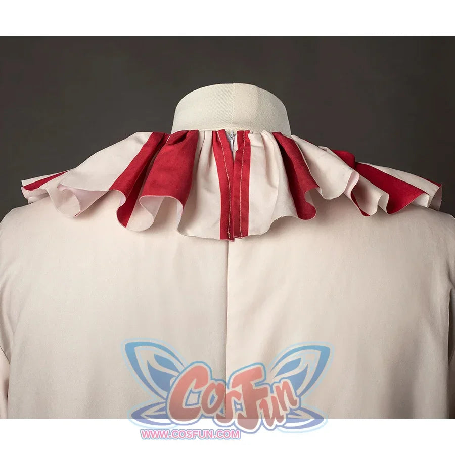 The back view about flando cosplay costume, the top part is beige, with red and beige striped ruffles on the collar, there is a invisible zipper on the back. 