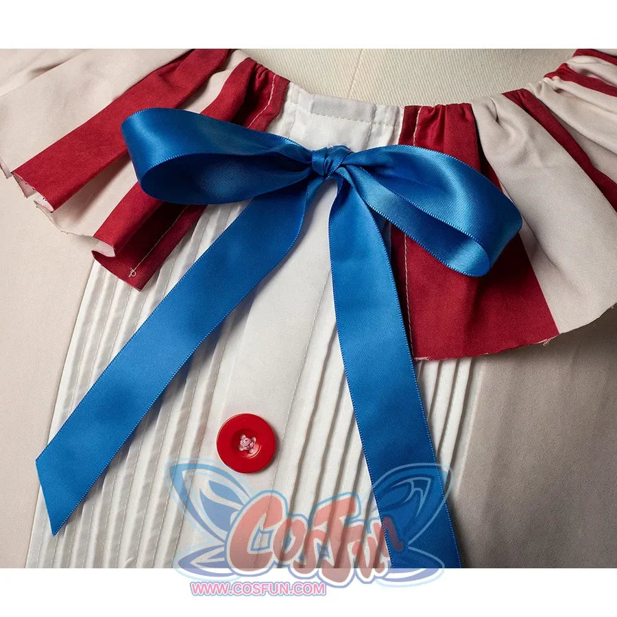 The flando cosplay costume about  collar detail, there is ruffles on the collar, a blue bow on the chest, and red buttons, pleats on both sides of the buttons.