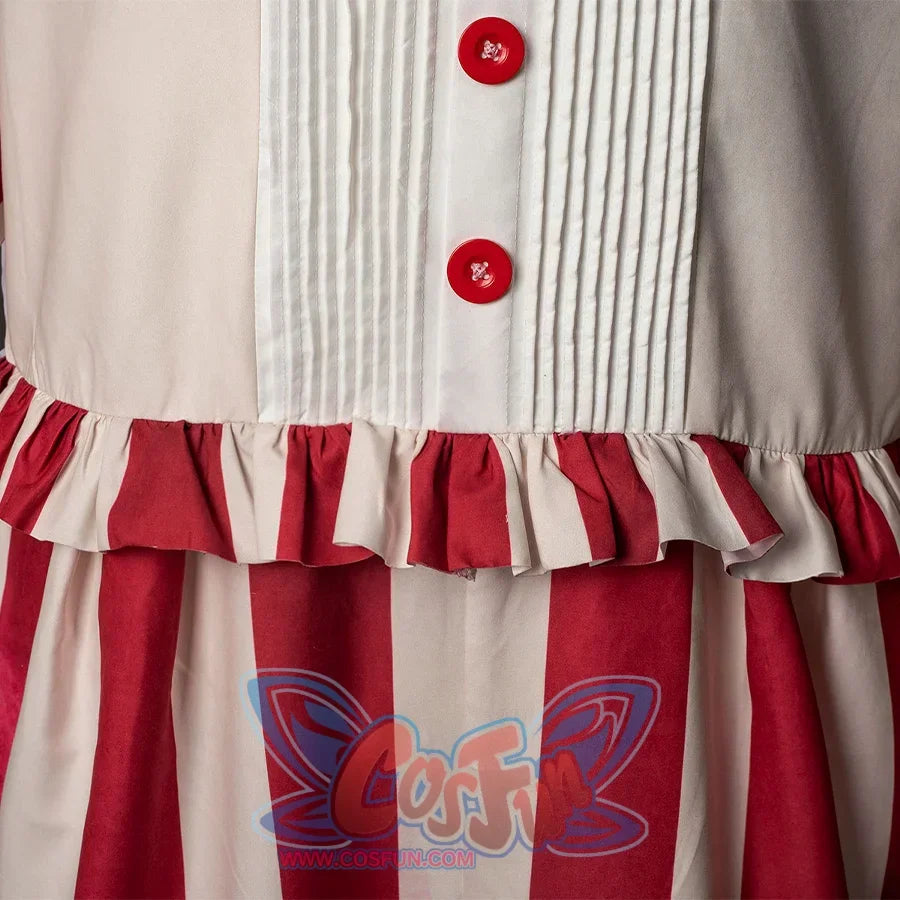 The hem about flando cosplay costume, mainly red and beige striped jumpsuits with ruffles on the hem, use red buttons, pleats on both sides of the buttons.
