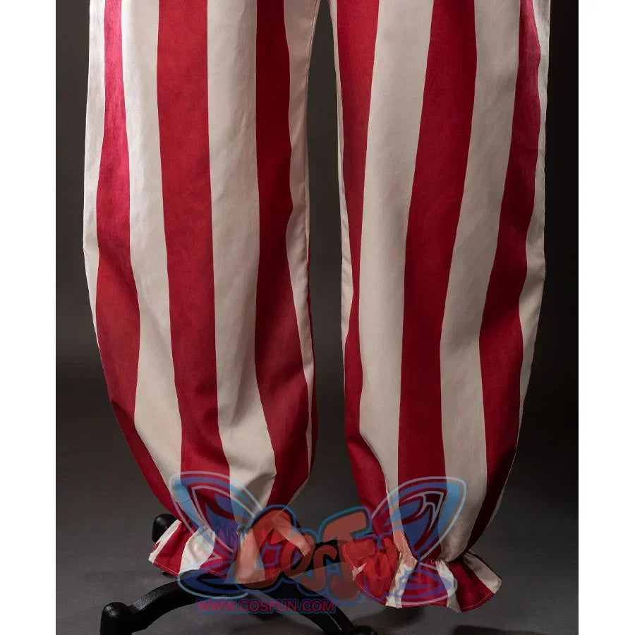 The pants part about flando cosplay costume, the pants part are red and beige striped bloomers, with same fabric ruffles on the trouser leg.