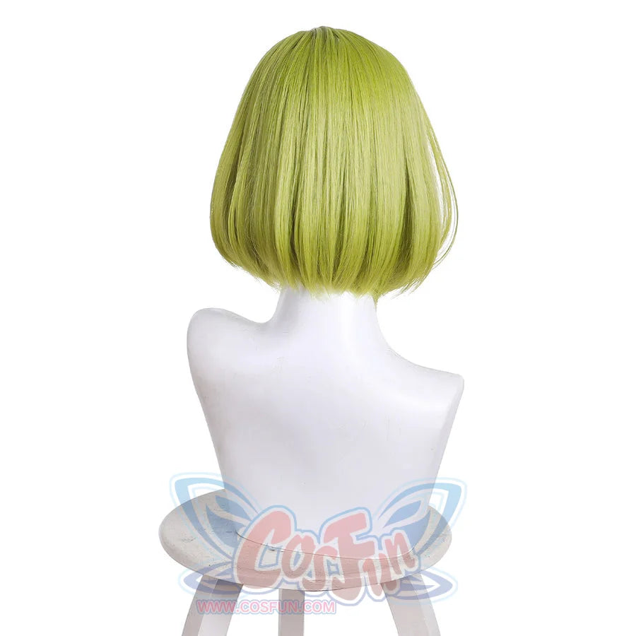 Witch Hat Atelier Coco cosplay wig featuring short green bob-cut hair on a white mannequin