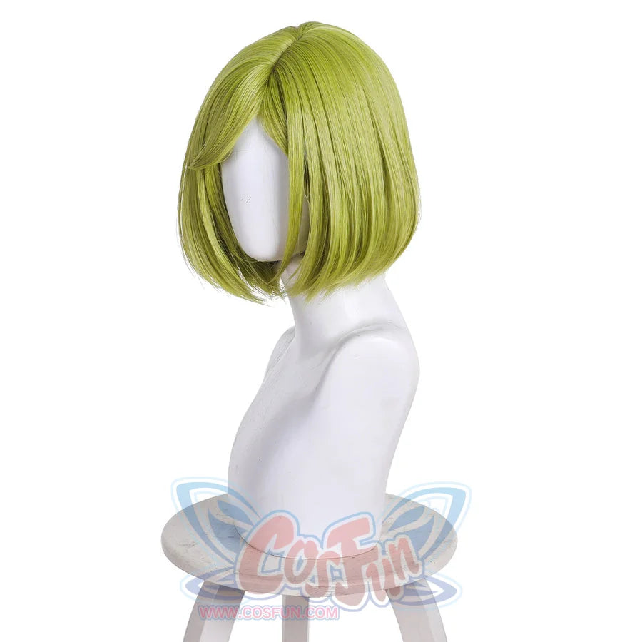 Left side profile of Coco cosplay wig with short green bob hair on mannequin stand