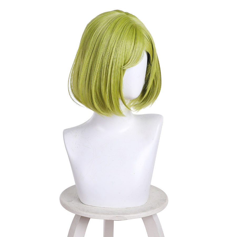 Right side profile of Coco cosplay wig with short green bob hair with side parting on mannequin