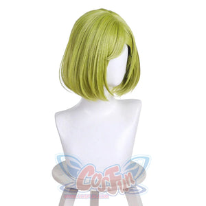 Right side profile of Coco cosplay wig with short green bob hair with side parting on mannequin