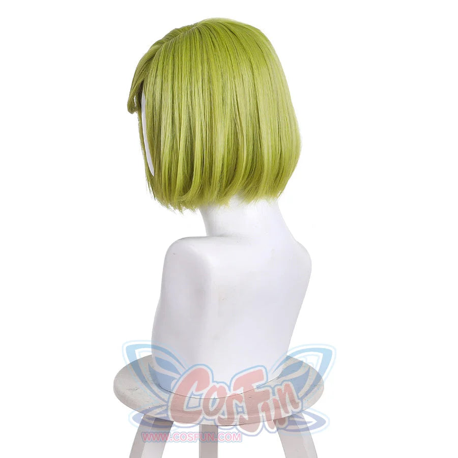 Side back view of Coco cosplay wig with short green straight bob hair on mannequin stand