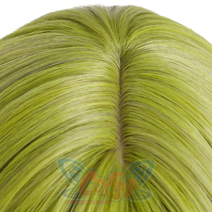 Close-up of Coco cosplay wig showing green hair texture and center parting fiber detail
