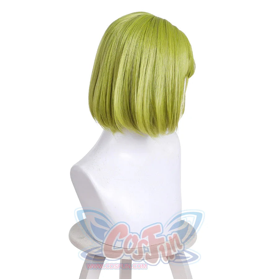 Left side back view of Coco cosplay wig with short green straight bob hair on mannequin