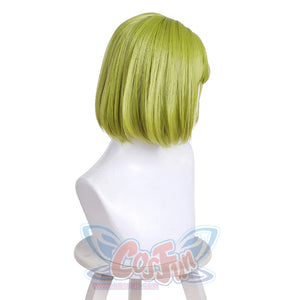Left side back view of Coco cosplay wig with short green straight bob hair on mannequin