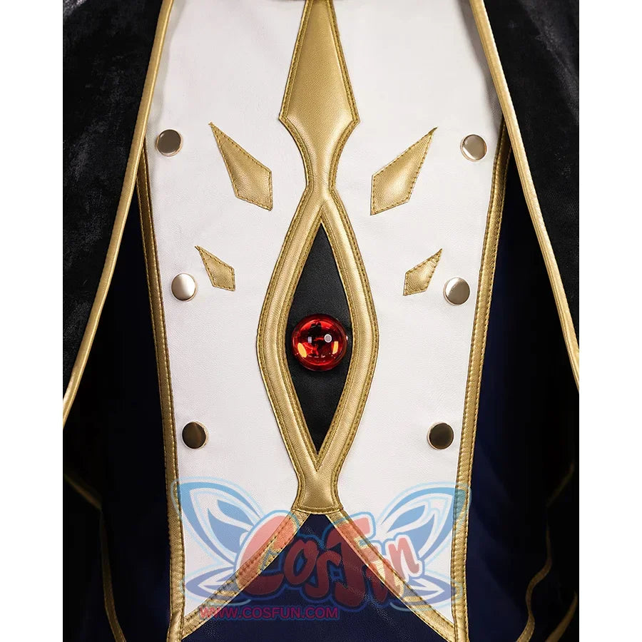 The top is a combination of white, dark purple and black, with gold decorative lines outlining an exquisite pattern, a red gem embedded in the center.