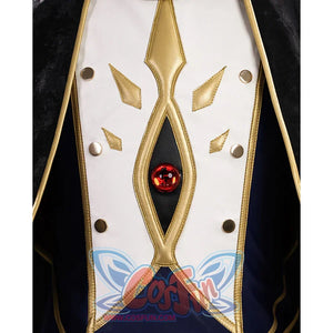 The top is a combination of white, dark purple and black, with gold decorative lines outlining an exquisite pattern, a red gem embedded in the center.