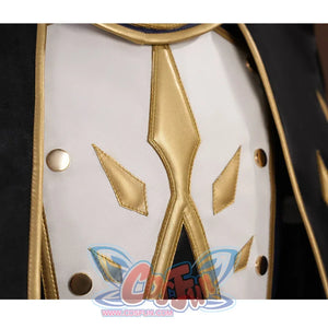 The top is a combination of white, dark purple and black, with gold decorative lines outlining an exquisite pattern, a red gem embedded in the center.