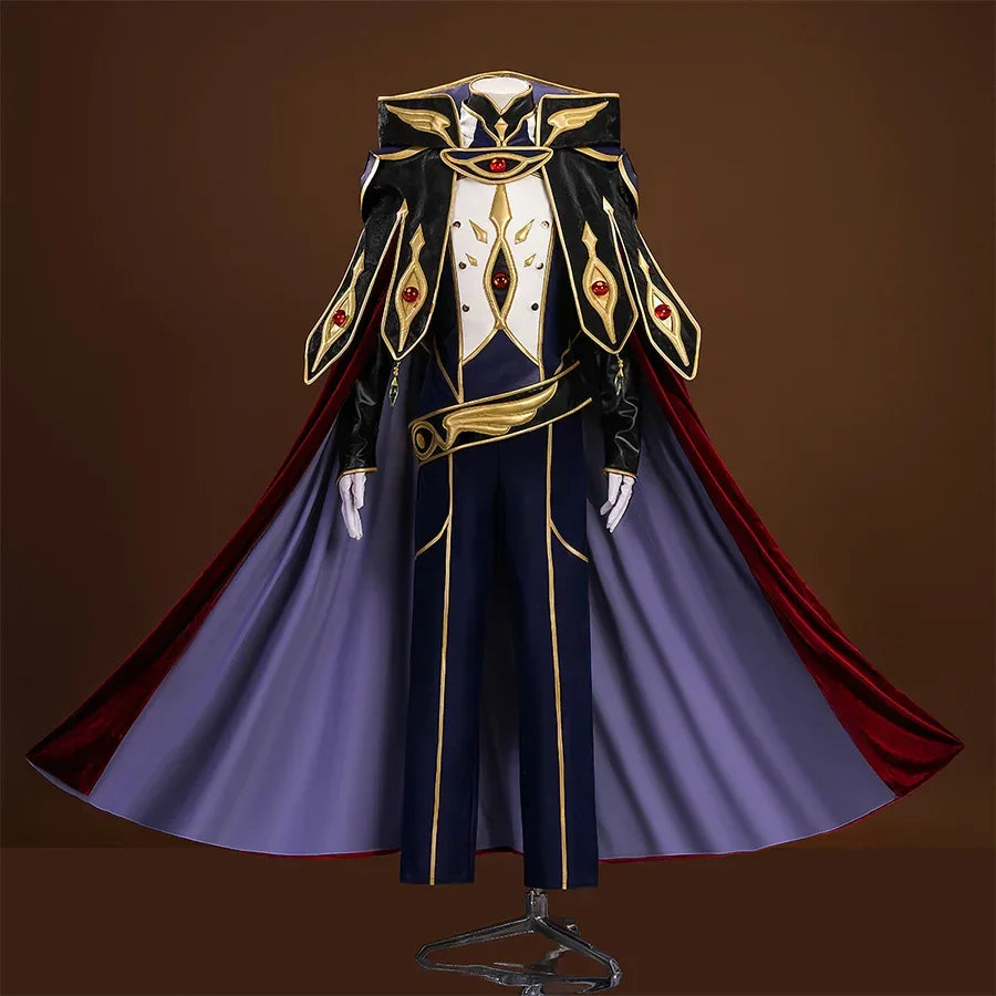 Code Geass: Lelouch of the Rebellion Suzaku Kururugi Knight of Zero Cosplay Costume&#39; overall color scheme is mainly dark purple, black and crimson. The use of delicate gold trims, red gemstones inlaid on the chest and shoulders, and the wide cape make the overall shape more luxurious.