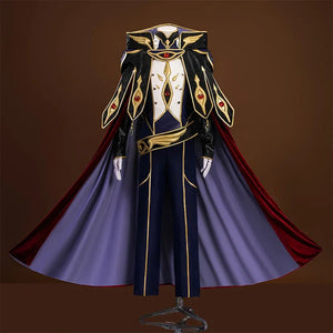 Code Geass: Lelouch of the Rebellion Suzaku Kururugi Knight of Zero Cosplay Costume' overall color scheme is mainly dark purple, black and crimson. The use of delicate gold trims, red gemstones inlaid on the chest and shoulders, and the wide cape make the overall shape more luxurious.
