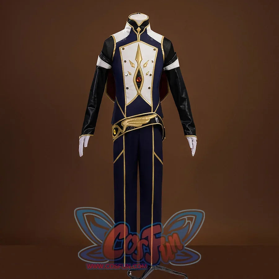 The top is a combination of white, dark purple and black, with gold decorative lines outlining an exquisite pattern, a red gem embedded in the center, a gold belt decoration at the waist, and dark pants also decorated with gold lines.