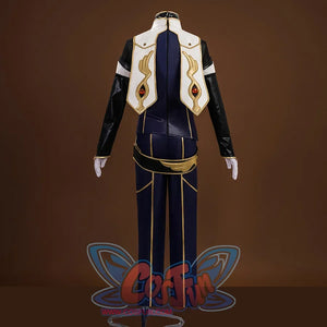 The back of top is two wide shoulder straps, with gold decorative lines outlining an exquisite pattern, a red gem embedded in the center, a gold belt decoration at the waist, and dark pants also decorated with gold lines.