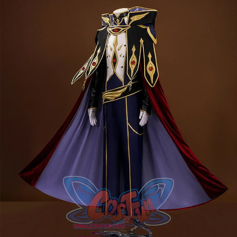 Knight of Zero Cosplay Costume&#39; undershirt color  is mainly dark purple and white, use lot of delicate gold trims, red gemstones inlaid on the chest and shoulders, belt decorated with golden wings.