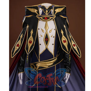 The overall color scheme is mainly dark purple, black and crimson. The use of delicate gold trims, red gemstones inlaid on the chest and shoulders, there is an emerald pendant on each of the two ribbons in front.