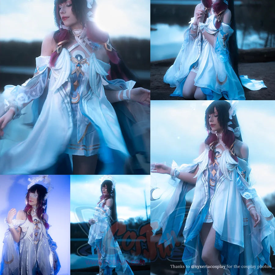 Genshin Impact Columbina cosplay dress pairs off-shoulder panels above flowing fabric layers and wrist cuffs.