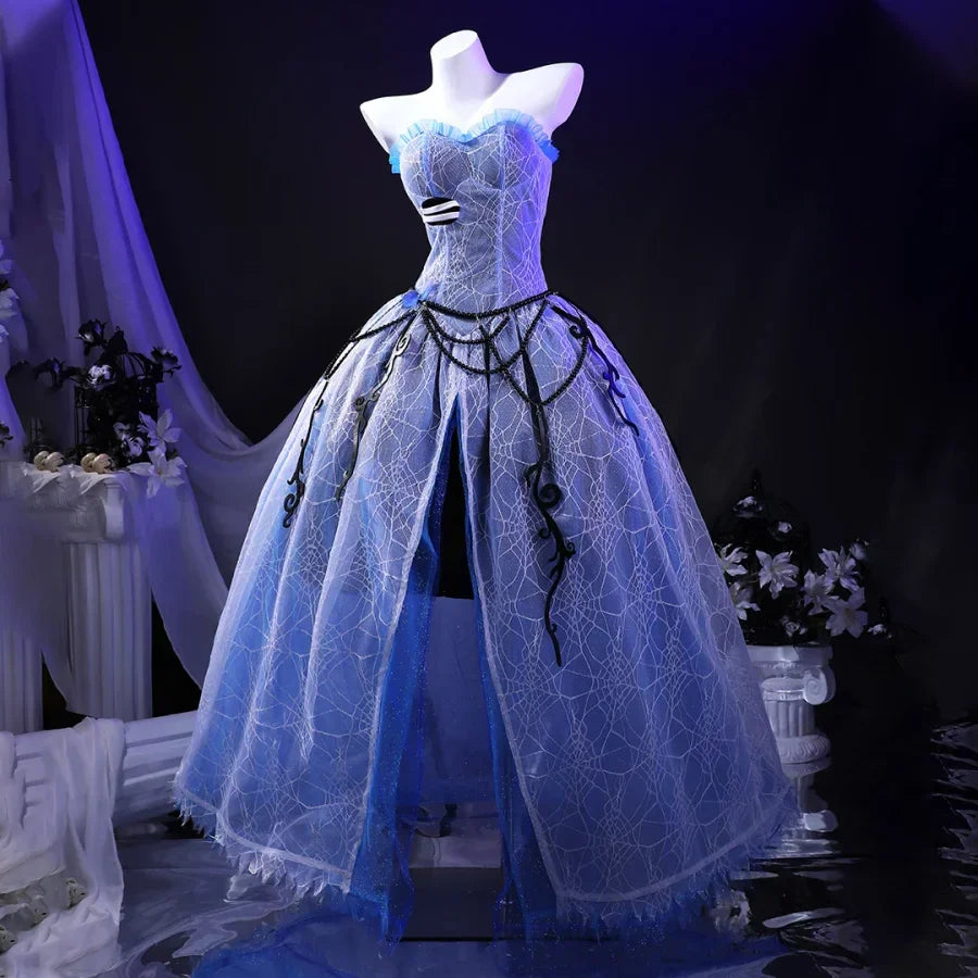 Corpse Bride Emily Cosplay Costume, blue tube top dress with waist-hugging design, front view