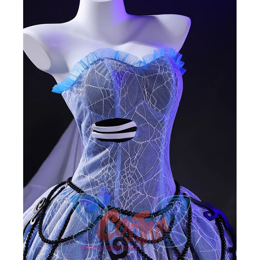 Corpse Bride Emily Cosplay Costume, blue tube top dress with imitation rib decoration on the right