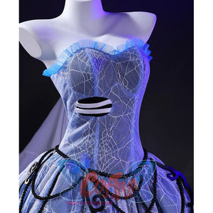 Corpse Bride Emily Cosplay Costume, blue tube top dress with imitation rib decoration on the right