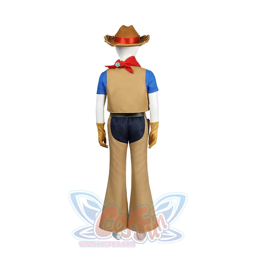 Back view of Cowgirl Peach cosplay costume, showing hat, bandana, vest, and pants design.