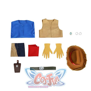 Displays the complete Cowgirl Peach cosplay accessories, including blue shirt, brown vest, decorative pieces, rings, two - tone pants, red bandana, yellow gloves, holster, belt, and cowboy hat.
