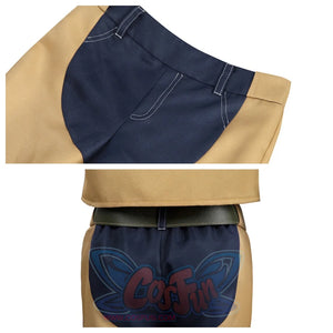 Highlights details of the two - tone pants from Cowgirl Peach cosplay, shown with a brown vest and belt.