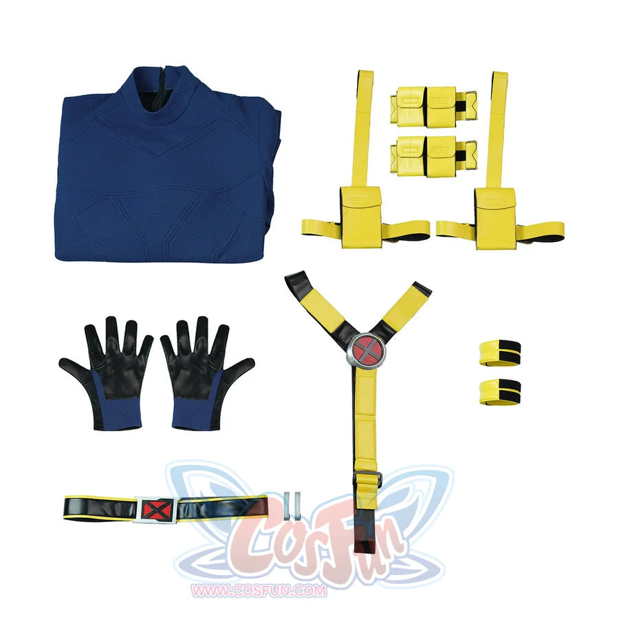 Cyclops cosplay complete costume set flat lay with all pieces and accessories organized display