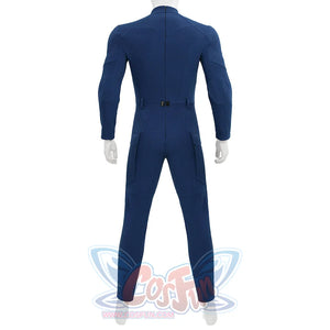 Cyclops cosplay back view of plain blue base suit without accessories or markings