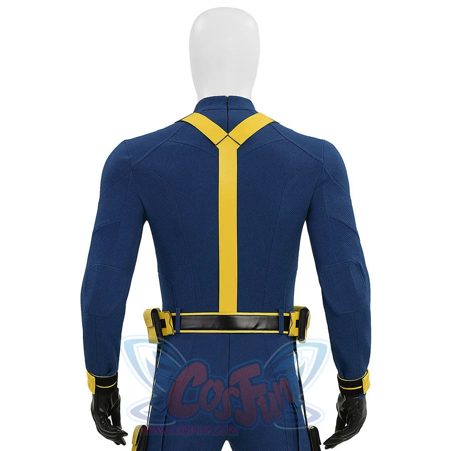 Cyclops cosplay back upper body with yellow shoulder straps and utility belt on blue suit