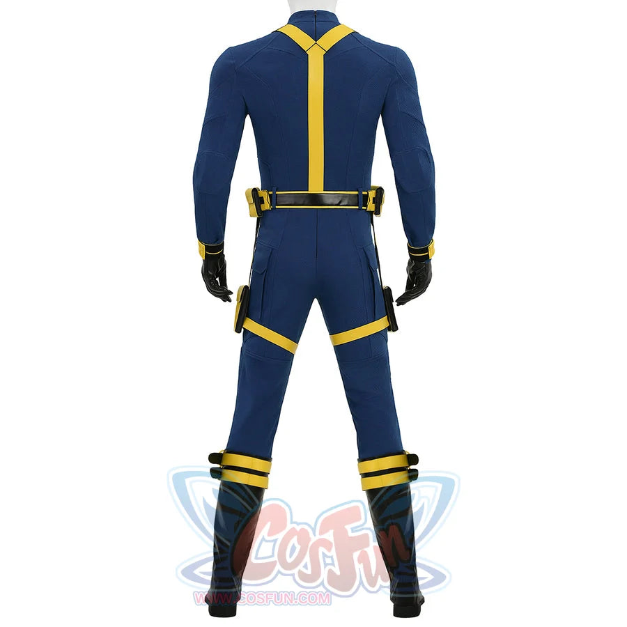 Cyclops cosplay back view displaying blue suit with yellow center stripe and utility belt