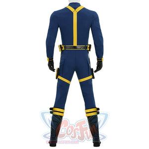 Cyclops cosplay back view displaying blue suit with yellow center stripe and utility belt
