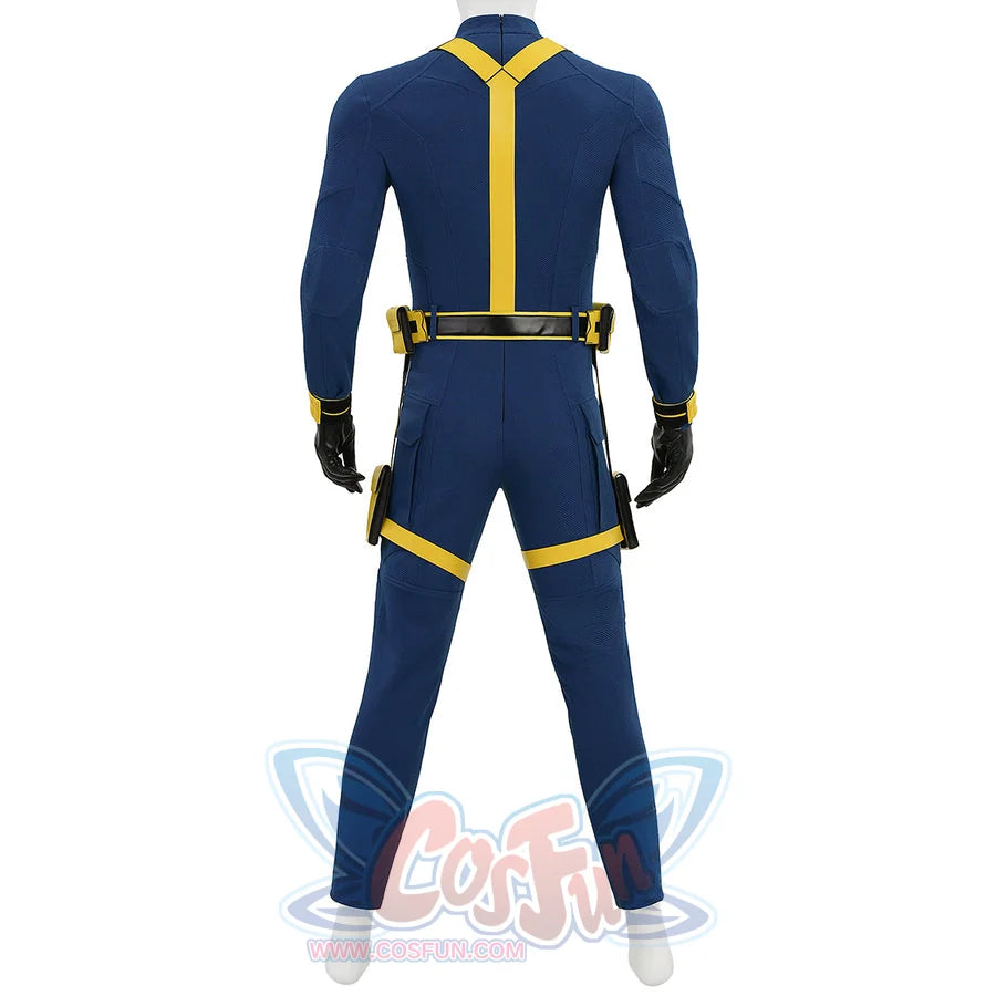 Cyclops cosplay back view showing blue suit with yellow stripe and belt without boots