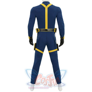 Cyclops cosplay back view showing blue suit with yellow stripe and belt without boots