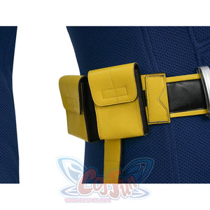 Cyclops cosplay yellow belt pouches close-up showing utility compartments on blue costume