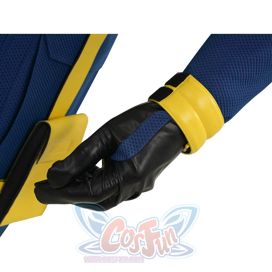 Cyclops cosplay black glove close-up with yellow cuff on blue sleeve showing costume details