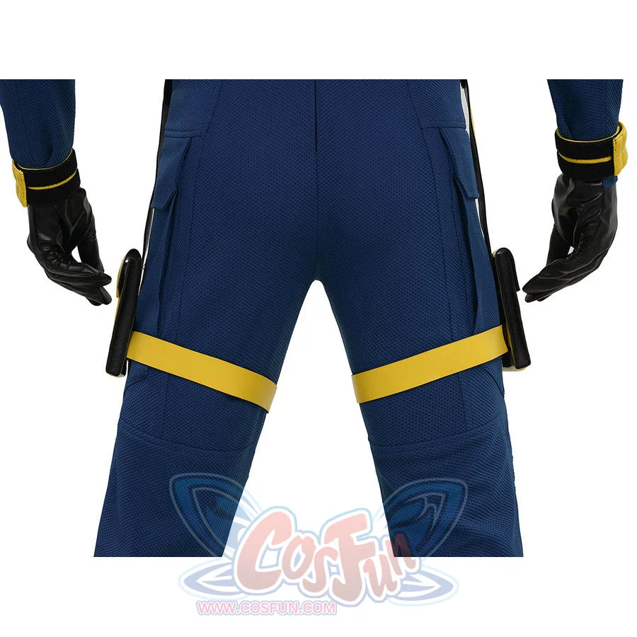 Cyclops cosplay blue pants with yellow leg trim details, black gloves and yellow cuffs