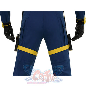Cyclops cosplay blue pants with yellow leg trim details, black gloves and yellow cuffs
