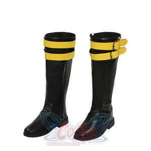 Cyclops cosplay black knee-high boots with yellow straps shown from an angled back view
