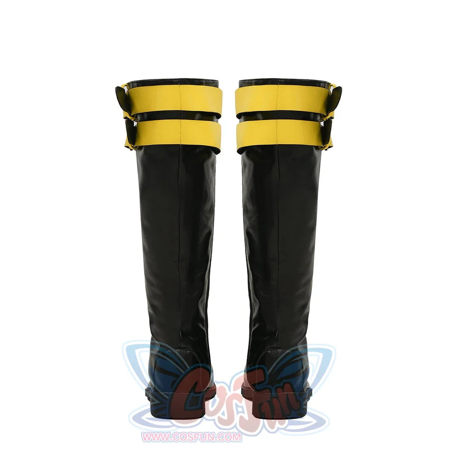 Cyclops cosplay shoes displayed from behind, showing black knee-high boots with yellow straps