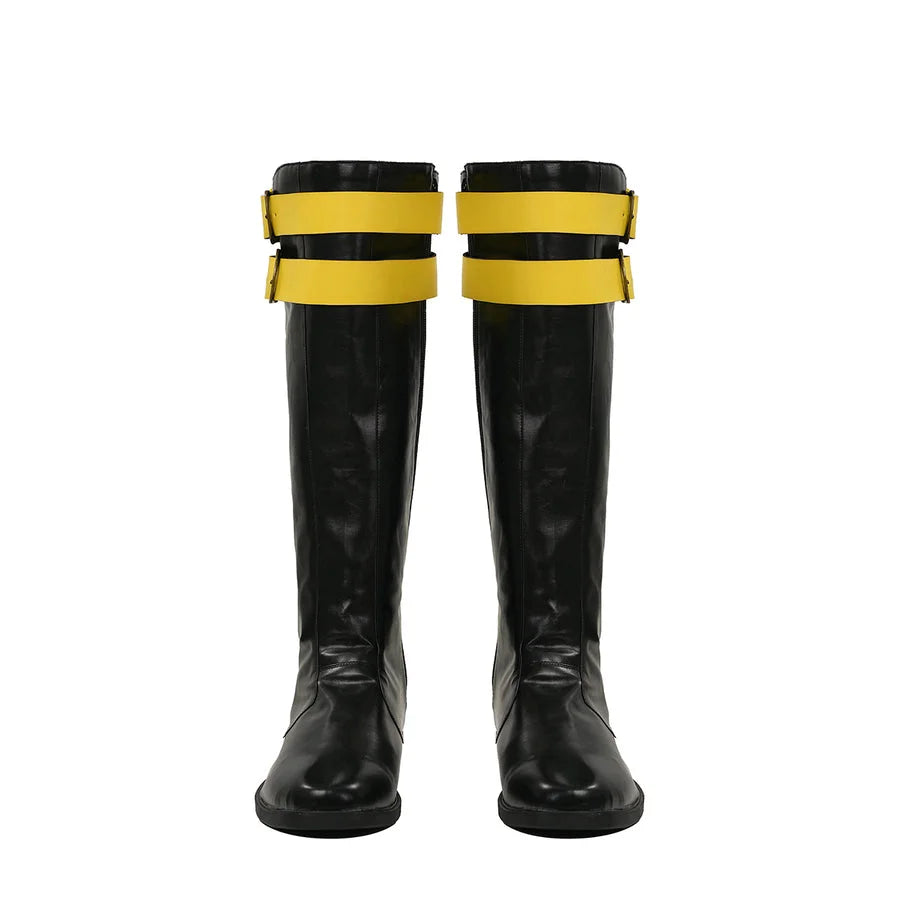 Cyclops cosplay shoes, black knee-high boots with yellow strap details, front view