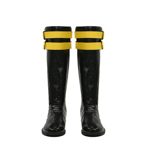 Cyclops cosplay shoes, black knee-high boots with yellow strap details, front view