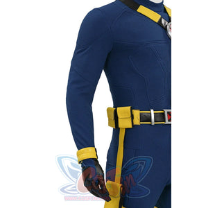 Cyclops cosplay side torso view displaying shoulder, blue gloved arm, and yellow utility belt