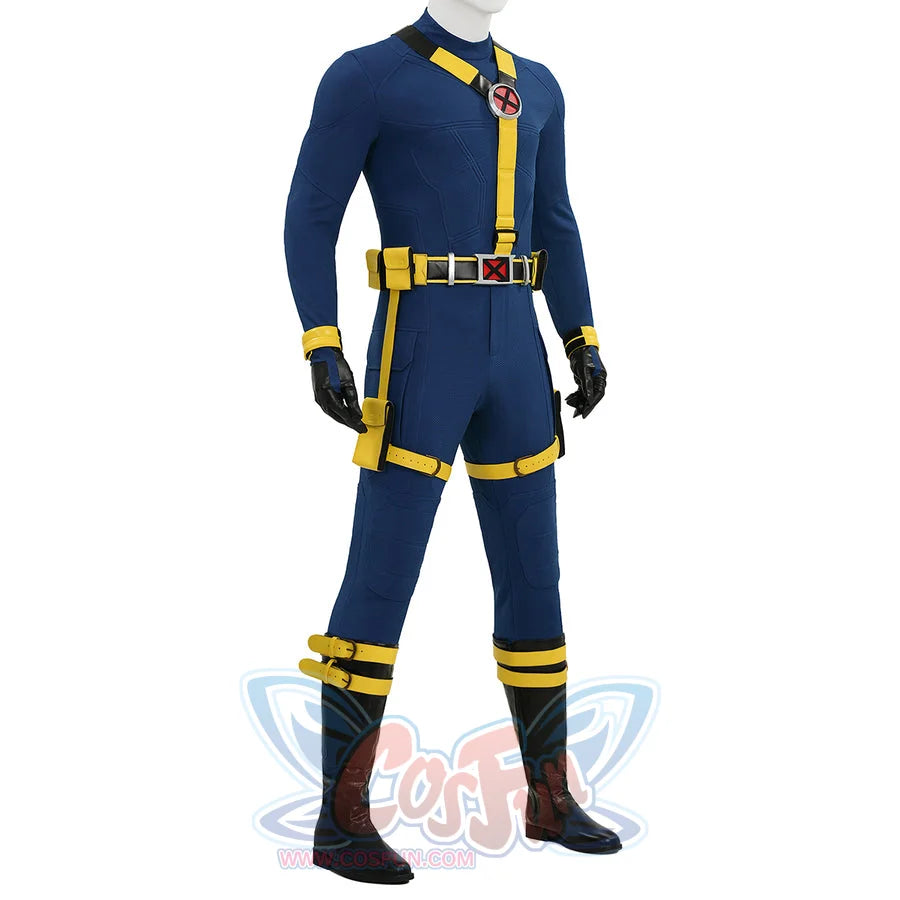 Cyclops cosplay side view showing blue and yellow costume with detailed belt and black boots