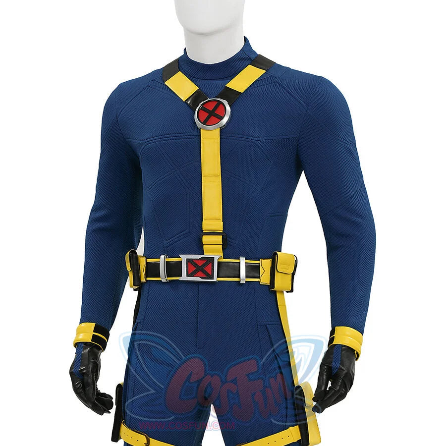 Cyclops cosplay torso view highlighting X-Men logo on chest with yellow straps and belt